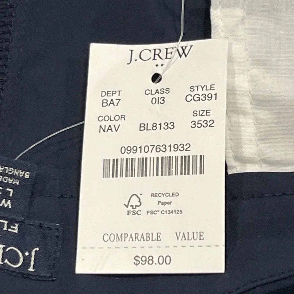 New J Crew Tech Pant Men 35x32 Navy Stretch Moisture Wick UPF 50+ Golf Chino NWT
